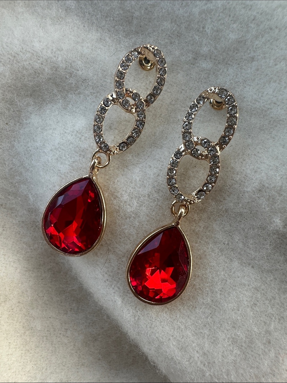Red Glass Teardrop Gold Tone Drop Earrings